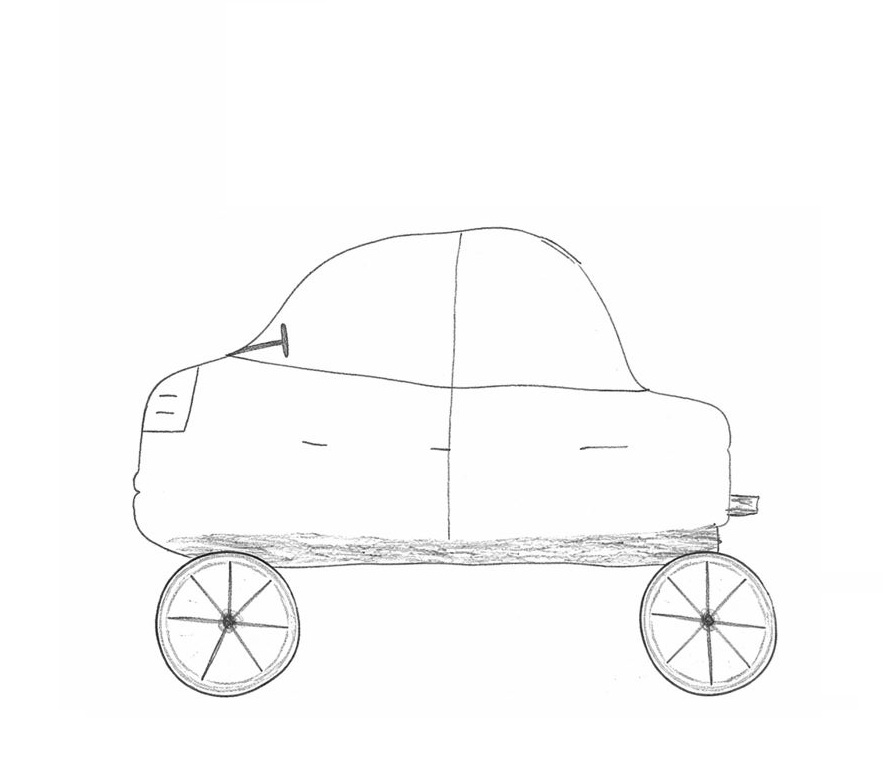 Kolorowanka przedstawiająca prosty rysunek samochodu widzianego z boku, z zaznaczonymi kołami i konturami.