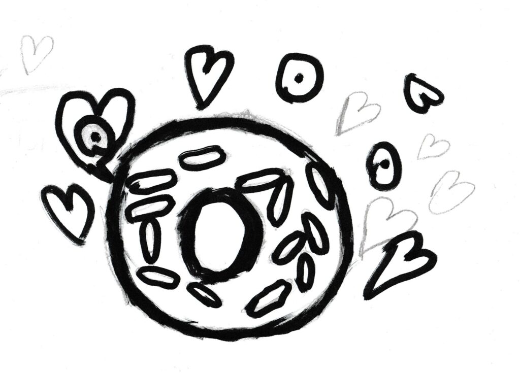 Kolorowanka przedstawiająca pączka z polewą otoczonego serduszkami.