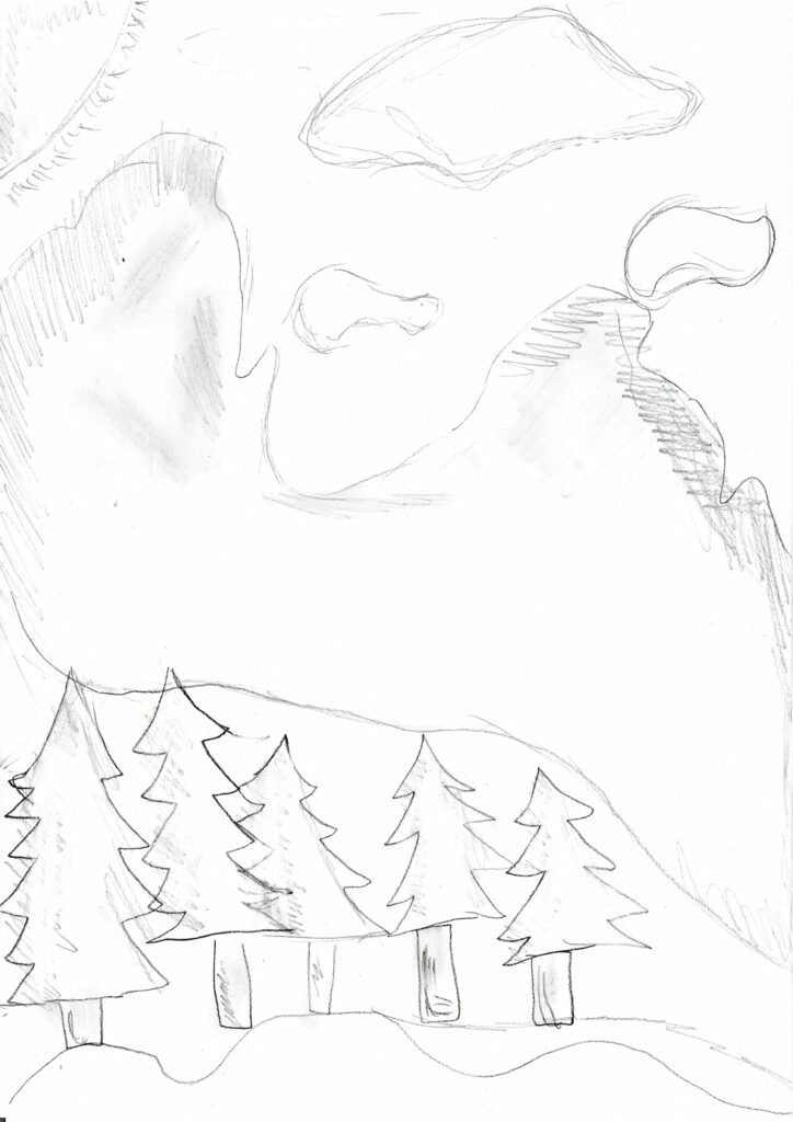 Kolorowanka przedstawiająca góry, las iglasty i chmury.