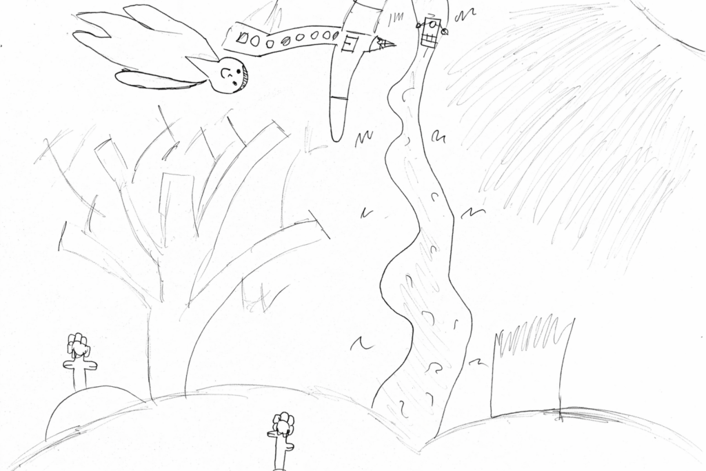 Kolorowanka przedstawiająca rysunkowy krajobraz z rzeką, mostem, drzewami i postacią.