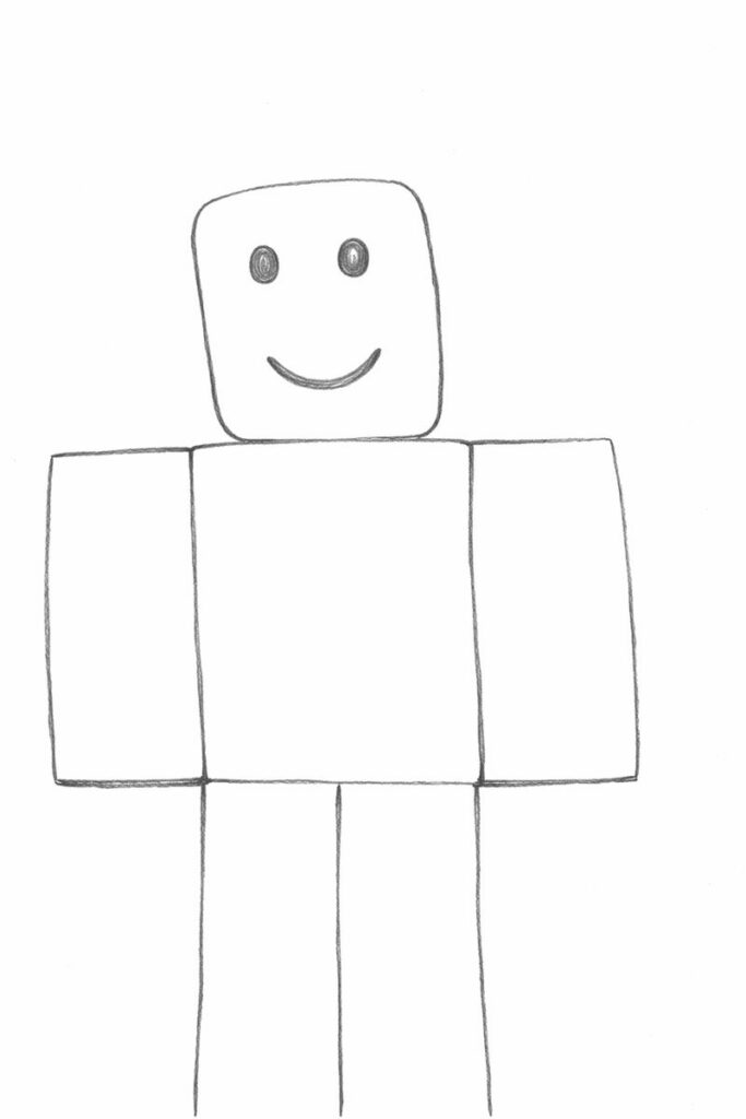 Kolorowanka przedstawiająca prostą postać Robloxa o geometrycznych kształtach i uśmiechniętej twarzy.