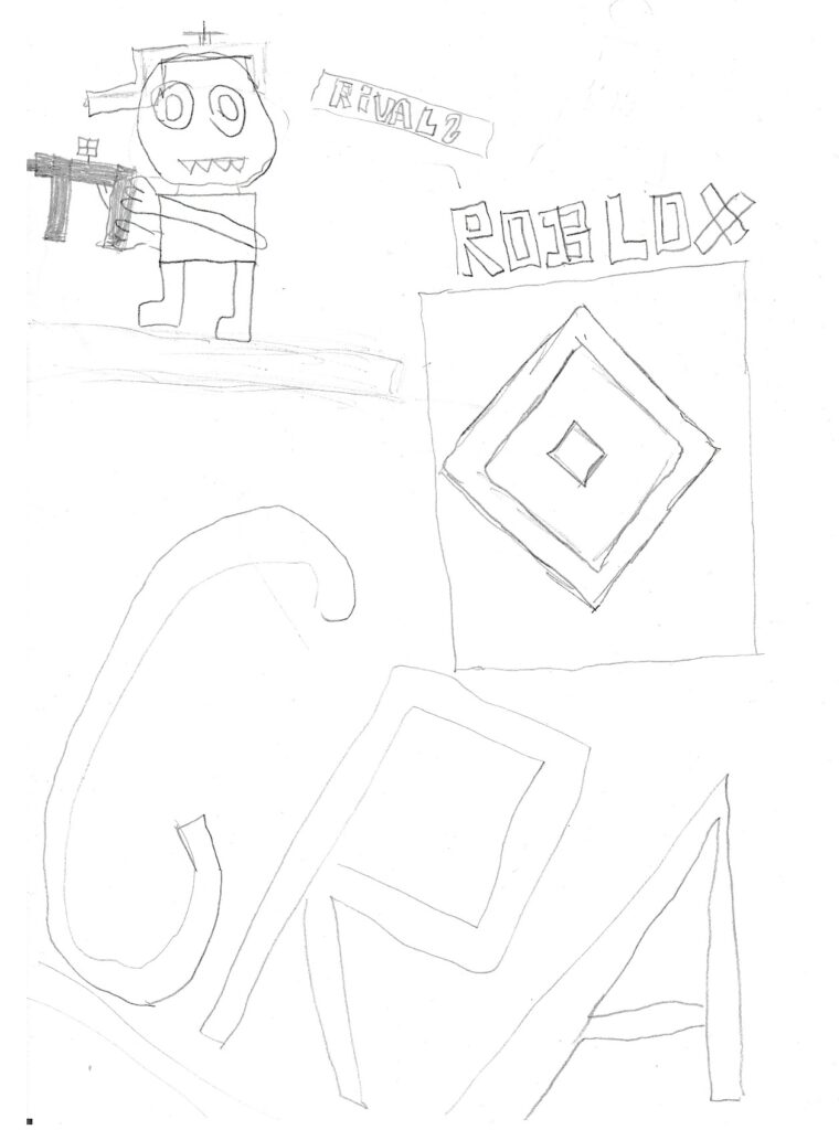 Roblox elementy z gry (postać, napisy, kształty).