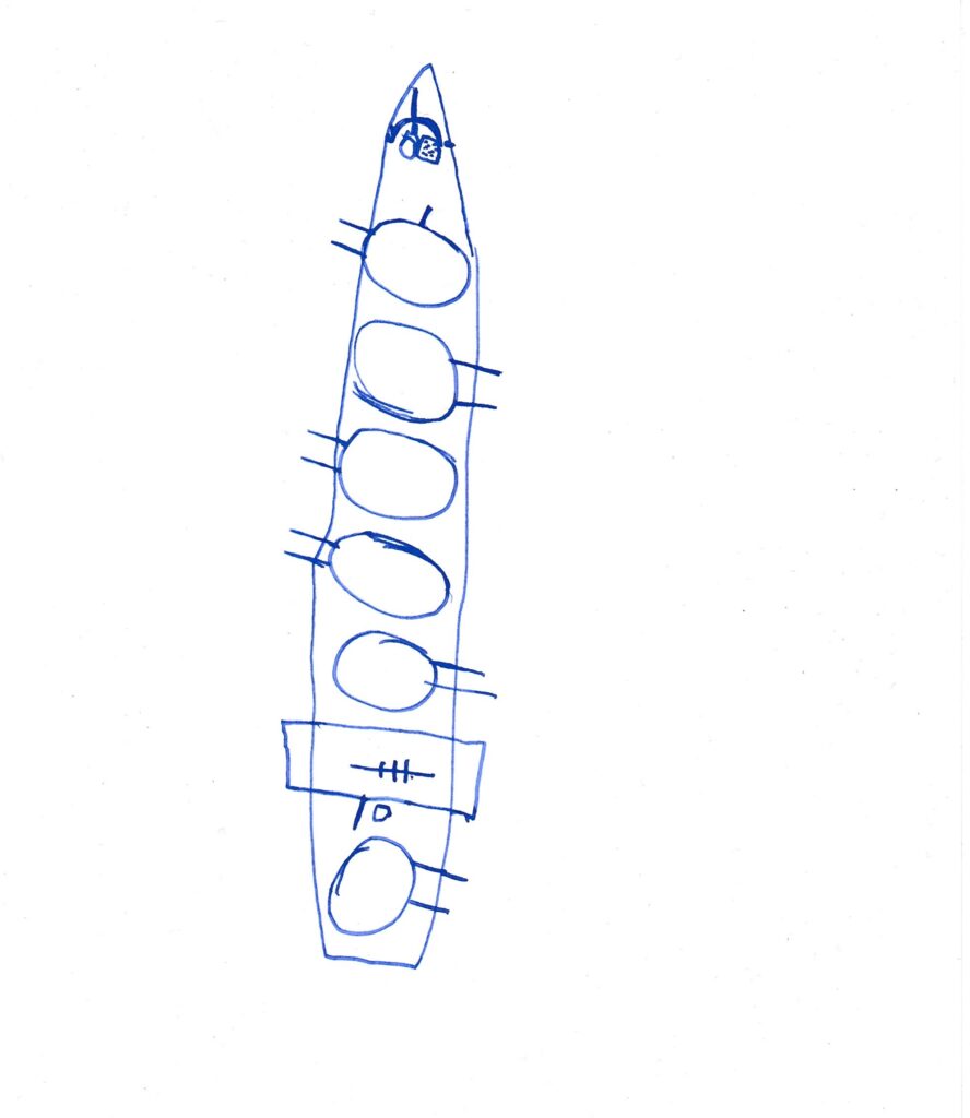 Kolorowanka przedstawiająca statek bojowy widziany z góry.