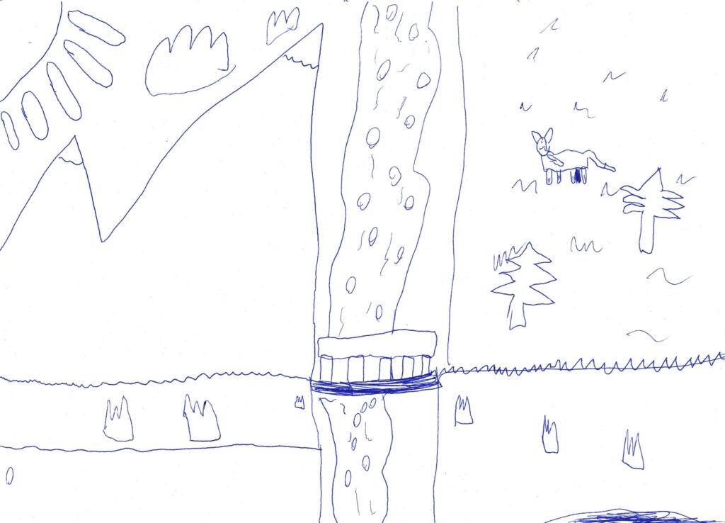 Kolorowanka z prostym rysunkiem krajobrazu: rzeka z mostem, drzewa, góry, ptaki i zwierzęta.